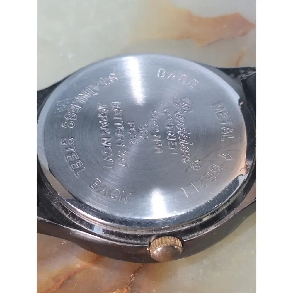Gruen Precision Quartz Watch Black Dial Gold Tone Date Leather Band- Nice!